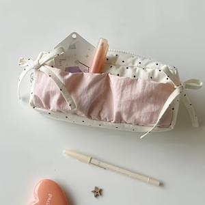 TEMU 딸기 우유 도트 무늬 필통 & 리본 스테이셔너리 박스 - 화이트 다층 정리함, 대용량 여아 선물 (크리스마스/할로윈/추수감사절에 딱!