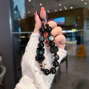 TEMU 블랙 캣 아이 매력 팔찌, 여성 패션 심플 럭셔리 라이트웨이트, 가을-겨울 스타일, 유니버설 폰 케이스 끈, 짧은 클립온 모바일 스트랩, 수공으로 만든 비즈 손목 끈, 신상품