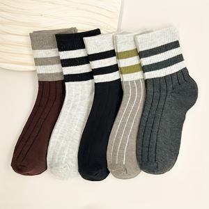 TEMU 가을과 겨울용 두꺼운 줄무늬 여성용 긴 양말 5켤레