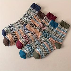TEMU 남녀공용 레트로 중목 양말 5켤레 - 두꺼운 겨울용 보온 & 기하학 패턴, 부드러운 폴리에스터, 세탁기 사용 가능, 다양한 색상, 홈 & 아웃도어용 플러피 양말, 빈티지 디자인