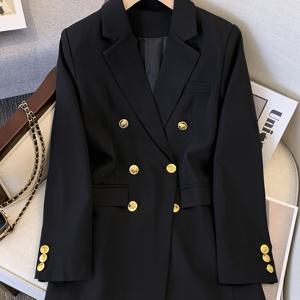 TEMU 써니갈 여성 패션 더블 브레스트 - 캐주얼 단색 H-핏 폴리에스테르 수트 재킷, 긴 소매, 벨트 없음, 방수 처리 안 됨, 짠 직조, 일반 핏