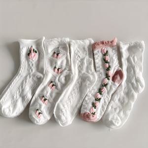 TEMU 여아들을 위한 귀여운 일본풍 단색 양말 5켤레 - 부드러운 폴리에스터, 주름 있는 손목 및 발가락, 꽃과 기하학적 패턴, 전 сез존 편안함, 손세탁 가능, 손세탁 가능 양말 | 재미있는 양말 디자인 | 니트 질감