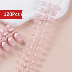 TEMU 120개 짧은 핑크 프렌치 팁 인조 네일 - 스퀘어 누드 프레스온 네일 풀랩 디자인, 매일 착용을 위한 광택 마감, 집에서 DIY 또는 전문 살롱 사용에 완벽함, 귀여운 네일