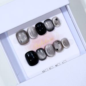 TEMU 10개 수제 블랙 실버 스타 반짝이는 비즈 캣아이 스위트 쿨 Y2K 스머지 웨어 네일 데일리 데이팅용 여성용 짧은 스퀘어 탈착식 인조 손톱 선물 세트