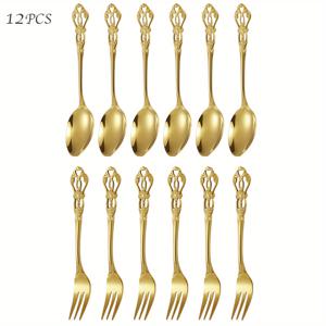 TEMU 6/12PCS 빈티지 로얄 디저트 스푼 & 포크 세트, 우아한 커피 스푼 티 스푼 스푼, 전채 포크 과일 포크, 고급 스테인레스 스틸 양식기, 멋진 선물, 차/커피 파티/크리스마스/추수 감사절/생일/결혼식/이벤트에 적합
