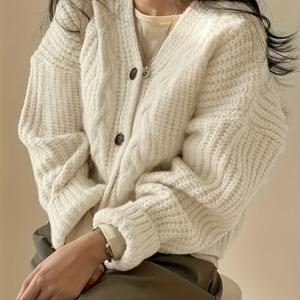TEMU 여성용 빈티지 가디건 - 두꺼운 편안한 롱슬리브 라운드넥 솔리드 컬러 스웨터, 기계 세탁 가능 캐주얼 가을 겨울 레이어링 필수 아이템, 가을 옷장에 꼭 필요한 텍스처 니트웨어|가디건