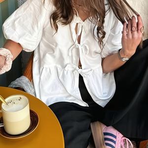 TEMU 노트 끈 프릴 밑단 블라우스, 우아한 랜턴 소매 솔리드 컬러 펩럼 블라우스 봄 & 여름, 여성 의류