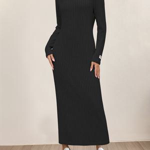 TEMU 여성용 캐주얼 롱 슬리브 드레스 - 루즈핏 라운드 넥 솔리드 컬러 미디 드레스, 중간 신축성, 세탁기 사용 가능 사계절 다용도 라운지웨어 & 아웃핏, 홈 컴포트 웨어, 리브 텍스처, 내구성 있는 구조