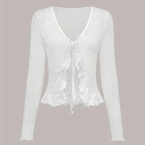 TEMU 1pc 우아한 V넥 긴 소매 니트 가디건, 앞면 타이와 러플 디테일, 단색 투명 메쉬 소재, 올 시즌 착용 가능 - 나일론 소재의 가디건 1개, 가을/겨울/봄에 걸쳐 착용 가능한 얇은 니트 가디건, 여성용 옷장에 추가하기 좋은 아이템!