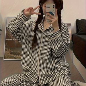 TEMU 여성용 긴팔 고급스러운 봄/가을 스타일 크리스마스 체크무늬 파자마, 하이엔드 심플한 게으른 바람 홈웨어 투피스 세트|잠옷|파자마