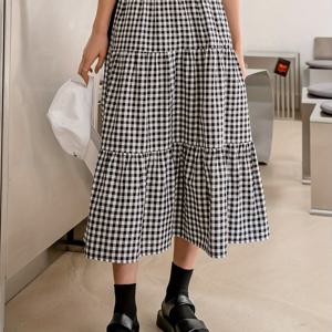 TEMU gingham 패턴 하이 웨이스트 스커트, 캐주얼 티어드 헴 A라인 미디 스커트 봄 & 여름용, 여성 의류