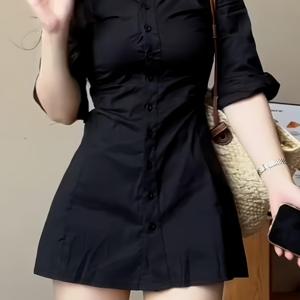TEMU 여성을 위한 우아한 프랑스식 폴로 셔츠 드레스, 슬림핏 A라인 폴리에스터 100% 블랙 드레스, 기하학적 패턴, 올시즌 직조 버튼 디테일, 120g/m² 재질 무게