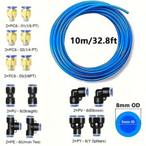 TEMU 1세트 공압 튜브 키트 - 10m (32.8ft) 폴리우레탄 에어 호스, 범용 퀵 릴리즈 어댑터, 금속 및 PVC 커넥터, 접이식 디자인, 누출 방지, 조립 불필요