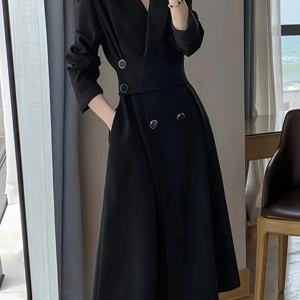 TEMU 1pc 우아한 블랙 미디 트렌치 코트 여성용, 긴팔 라펠 칼라 비대칭 드레스, 폴리에스터 원단 단색, 날씬한 허리 디자인, 봄/여름/가을 겸용 - 성인|여름원피스|여성원피스|인견원피스
