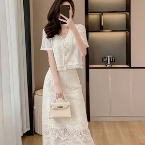 TEMU 2pcs 봄/여름 폴리에스테르 드레스 세트, V넥 단색 레이스 디테일, 짠 투피스 스커트 슈트|여름원피스|드레스