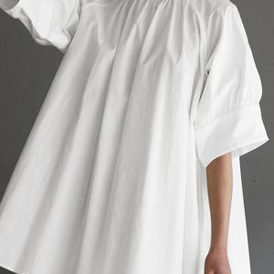 TEMU 여성용 캐주얼 버섯 버튼 업 셔츠 - 화이트, 루즈핏, 스탠드 칼라, 짧은 퍼프 슬리브, 프릴 디테일, 스트레치되지 않는 직물, 여름용 캐주얼 의상, 캐주얼 의상|스탠드 칼라 셔츠|퍼프 슬리브 탑, 여성용 캐주얼 의상