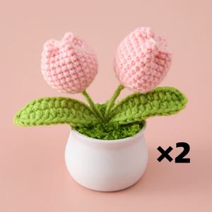 TEMU 1개/2개의 손으로 짠 미니 화분에 핀크 튤립 꽃 머리 2개가 있는 목화 크로셰 홈 데코, 어머니날 선물, 발렌타인데이, 결혼식, 생일, 휴일 장식, 남자친구, , 아버지, 사무실, 책상, 데스크탑을 위한 특별한 기념일 선물 | 계절별 장식 | 녹색 잎사귀 디테일, 꽃 장식, 크리스마스에 가장 적합