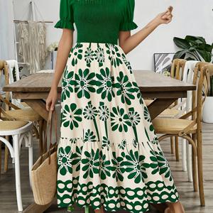 TEMU 여성용 여름 꽃무늬 A라인 드레스, 스퀘어 넥 & 주름 허리 - 가벼운 통기성 원단, 스모크 디테일, 기계 세탁 가능, 해변 휴가 및 캐주얼 외출용, 우아한 특별 컬렉션, 브런치 의상, 플로우 스커트 스타일