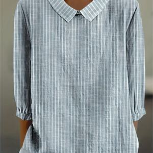 TEMU SHIMIDA 여성용 빈티지 캐주얼 셔츠 - 루즈핏 3/4 소매 버튼업 블라우스, 클래식 칼라, 연한 파랑 & 흰색 줄무늬, 세탁기 사용 가능, 일상 및 휴가용, 편안한 스타일, 시대를 초월하는 디자인, 여행 필수 아이템