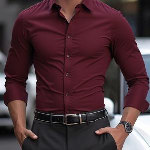 TEMU 남성용 주름 방지 긴팔 드레스 셔츠 - 클래식 칼라, 레귤러 핏 & 우산 밑단, 단일 버튼 잠금, 봄/가을 사무실 캐주얼 셔츠, 가을 옷장용, 매트 룩, 부드러운 질감, 다재다능한 상의, 성숙한 스타일