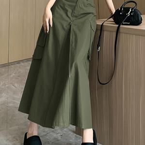 TEMU 새로운 봄 가을 스타일리시 아메리칸 워크웨어 A라인 하이웨이스트 밀리터리 그린 긴 스커트, 지퍼 슬릿 및 유연한 밑단 여성용
