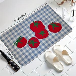 TEMU 1pc 체크무늬 토마토 패턴 욕실 매트 - 내구성, 미끄럼 방지, 기계 세척 가능한 직사각형 바닥 매트, 진한 파란색과 흰색 체크무늬 디자인, 빨간 토마토가 있는 완벽한 홈 데코 선물, 욕실 매트