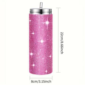 TEMU 1pc, 뚜껑과 빨대가 있는 박힌 텀블러, 20oz 스테인리스 스틸 절연 물병, 반짝이는 반짝이는 라인스톤 장식 물 컵, 여름 겨울 여행 음료 용기