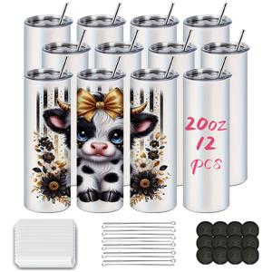 TEMU 코크담 12팩 20oz 승화 블랭크, 국내 승화 텀블러 스키니 (뚜껑 및 빨대 포함), 스테인리스 스틸 이중벽 폴리머 코팅, 열전달 선물용