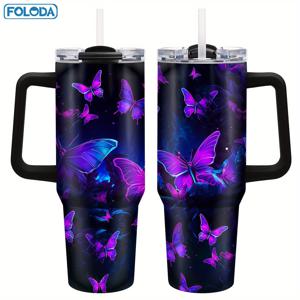 TEMU Foloda 40oz 스테인리스 스틸 텀블러 뚜껑과 빨대 포함, 보라색 글리터 나비 디자인, 누수 방지, 여성용 재사용 가능한 타원형 컵 - 자매, 엄마, 딸을 위한 이상적인 크리스마스 선물