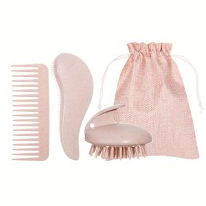 TEMU 4pcs 세트, 밀 짚 마사지 헤어 브러시 키트, TT 빗, 토끼 헤어 브러시, 펌 빗, 선물 끈끈 가방, 헤어 스타일링 브러시, 뷰티 도구, 향기 없음, 플라스틱 소재