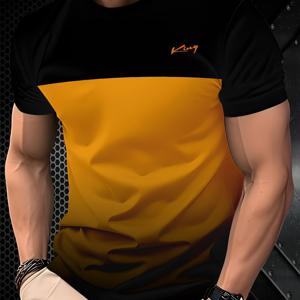 TEMU 남성용 스타일리시 블랙 & 노란색 그라데이션 티셔츠 - 100% 폴리에스터, 라운드 넥 반팔, 기계 세탁 가능, 모든 계절에 편안한 핏, 부드러운 질감, 캐주얼 착용, 일상 티셔츠 | 그라데이트 디자인 | 부드러운 질감 셔츠