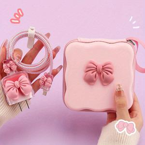 TEMU 데이터 케이블 보호기 세트 + 보관 가방 Bow 보관 가방 6pcs 세트 아이폰 휴대 전화 데이터 케이블 보호기 세트 5pcs 세트 스피럴 케이블 정리기 케이블 고정기 방수 데이터 케이블 충전 헤드 보호