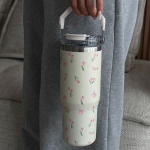 TEMU 1pc 900Ml/33.44Oz 나비 튤립 시리즈 텔레스코 컵, 절연 컵, 대용량 자동차 머그, 손잡이와 빨대가 있는 물병, 더블 드링킹 스포트, 여행 및 야외 컵, 체육관 및 야외 스포츠 머그, 플랫 바텀 컵, 겨울 및 여름 드링크웨어, 휴일 선물.