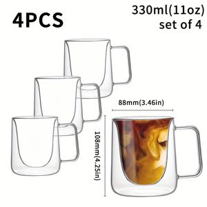 TEMU 2개/4개 세트. 330ml 이중 단열 유리컵, 핸들이 달린 보로실리케이트 글라스 커피잔, 이중벽 단열 유리 머그컵. 커피, 카푸치노, 라떼, 차 및 주스에 적합. 크리스마스, 할로윈 및 가족 모임에 이상적. 11oz