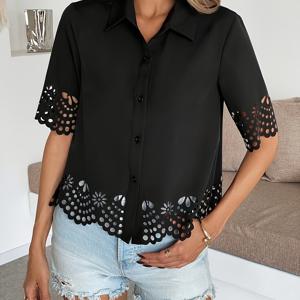 TEMU 여성용 우아한 레이스 컷아웃 반팔 탑