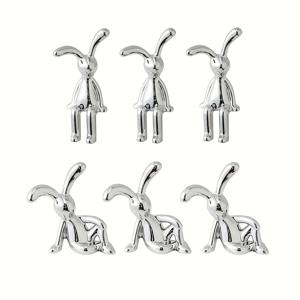 TEMU 6pcs 미니 토끼 인형 세트, 노르딕 스타일 긴 귀 토끼 장식, 플라스틱 실버, 3개 세워진 및 3개 누워있는, 새해, 자동차 및 가정 장식, 실내 사용, 거실 액센트