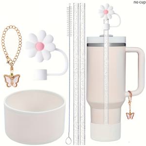 TEMU 40oz/30oz 텀블러용 6종 컵 액세서리 세트 (글리터 빨대 & 브러시, 꽃 모양 캡, 실리콘 부츠, 나비 체인 포함), 야외 스포츠 및 발렌타인데이 선물, 어버이날 선물 추천