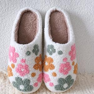 TEMU 여성과 남성을 위한 편안한 플러시 꽃 슬리퍼 - 따뜻한 실내용 집화 신발, 자수 디자인, 두꺼운 TPR 밑창, 기계 세척 가능, 가을과 겨울의 편안함을 위한 완벽한 신발, 편안한 집화 신발 | 꽃 무늬 슬리퍼 | 부드러운 직물 신발, 귀여운 슬리퍼