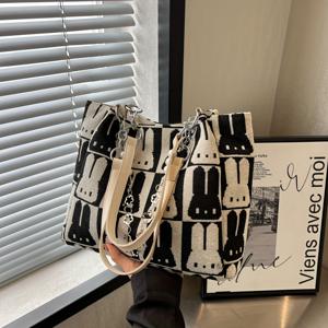 TEMU LABOONOO Chic Rabbit Print Tote Bag - 대용량, 흰색 & 검은색 대비 디자인, 캐주얼 숄더 & 언더암 캐리올, 토끼 액세서리