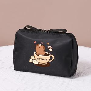 TEMU 1개 여성용 귀여운 고양이 & 커피 프린트 화장품 가방 - 내구성 있는 원단 여행 세면도구 정리함, 안전한 지퍼 클로저, 휴가 및 출장용 휴대용 메이크업 파우치 (블랙), 재미있는 디자인, 튼튼한 손잡이, 고품질 제작, 자주 여행하는 분들을 위한 필수 아이템|파우치|화장품정리함