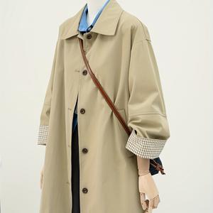 TEMU 여성용 카키 트렌치 코트 - 체크무늬 소매, 루즈핏, 버튼업, 긴 길이, 캐주얼 스타일, 봄 2025 컬렉션, 캐주얼 아우터웨어 | 체크무늬 소매 코트 | 버튼업 자켓