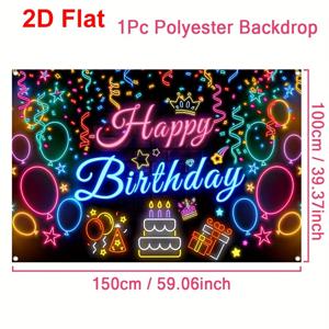 TEMU 2D 플랫, 1개 네온 라이트 생일 축하 배경 - 화려한 네온 조명, 풍선 및 파티 장식, 폴리에스터 소재, 전기 불필요, 실내외 생일 파티용, 생일 파티 장식, 축제 배경, 생생한 파티 장식, 쉬운 설치