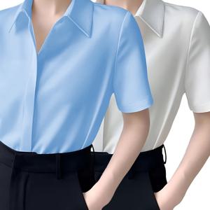 TEMU 2024년 여름용 여성용 우아한 화이트 칼라 반팔 셔츠 2팩, 밖에서 착용하기 위한 미끄럼 방지 칼라