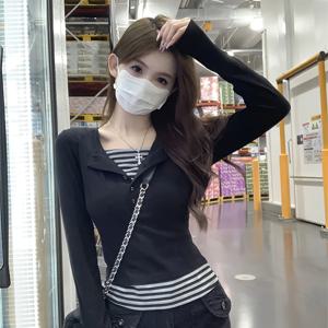 TEMU Y2K 여성용 컬러블록 긴팔 티셔츠 - 루즈핏 라운드넥 탑, 중간 신축성, 세탁기 사용 가능 사계절 캐주얼 셔츠, 귀여운 티셔츠, 일상 패션, 플로랄 주얼리 액세서리, 내구성 있는 원단