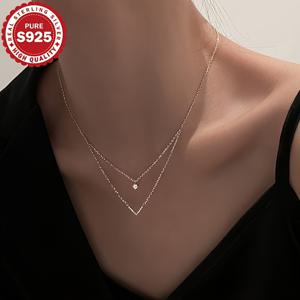 TEMU 1개 우아한 S925 실버 더블 V넥레이스, 반짝이는 지르코니아 악센트 - 저자극성, 일상 착용 및 선물용으로 완벽, 데이, 일상 보석에 이상적|V넥 디자인|저자극성 보석|은목걸이