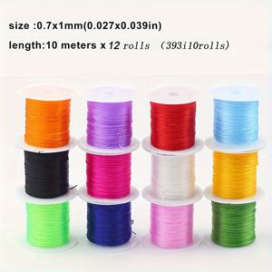 TEMU 12롤의 플랫 라인 팩, 두께 0.7mm, 각 롤은 10미터, 랜덤 색상, 탄성, DIY 팔찌 및 팔찌 비즈용, 고무 밴드 로프, 탄성 스트링, 탄성 스트링