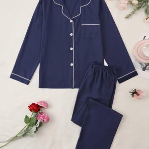 TEMU 봄가을 여성 캐주얼 솔리드 컬러 긴팔 나이트 가운 세트, 편안한 긴팔 상의와 신축성 허리밴드 팬츠