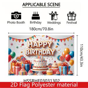 TEMU 생일 축하 배너 1개 70.8x43.3인치 대형 폴리에스터 파티 배경화면, 생동감 넘치는 풍선과 케이크 및 컨페티 디자인 - 실내외 축하 행사용 전기 필요 없음, 생일 파티 장식