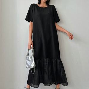TEMU 여성용 블랙 투일 오버레이 드레스 - 루즈핏 긴팔 맥시 드레스, 루플드 하hem, 캐주얼 크루 넥, 올 시즌 다용도 스타일, 우아한 긴팔 드레스