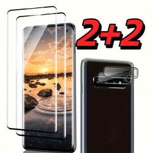 TEMU 2+2 S10/S10+ 강화 유리 스크린 보호대에 적합, 2장의 강화 유리 필름 + 2개의 렌즈 보호대, S10/S10+ 렌즈, HD 클리어, 지문 인식 지원, 버블 없음, 초고화질 지문 인식 해제 지원, 9H 경도, 케이스에 적합